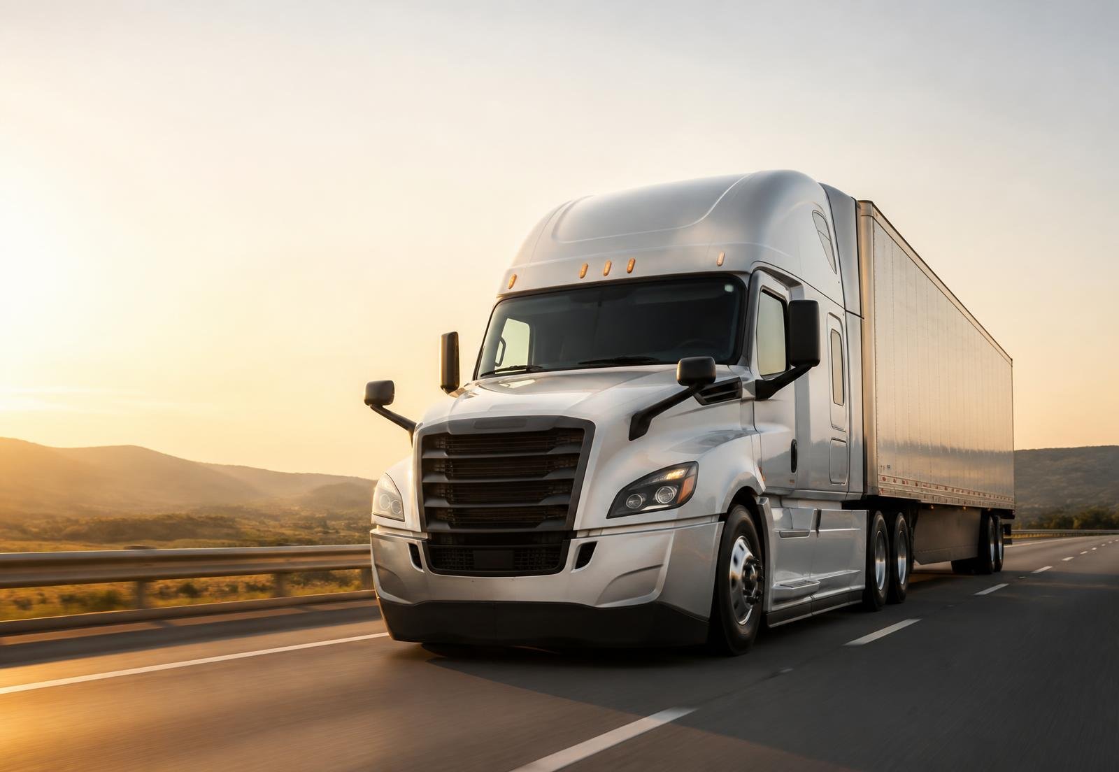 Modern American semi-truck traveling a highway at golden hour